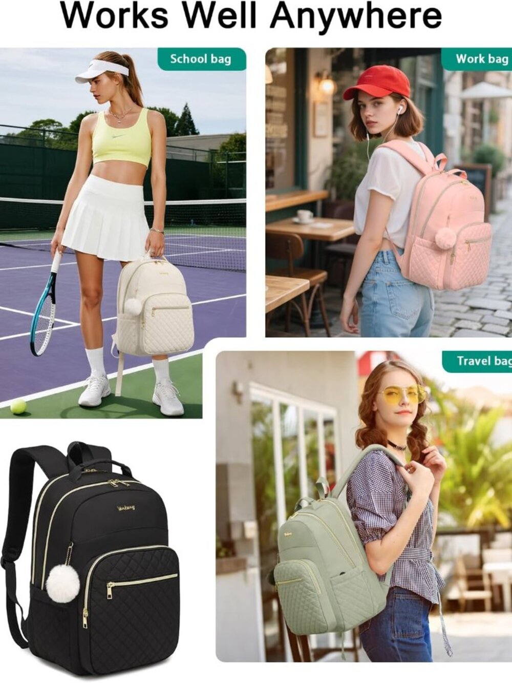 17.3in Laptop Backpack with Charging Hole for Women Girls, Water Resistant Quilt - Picture 2 of 7